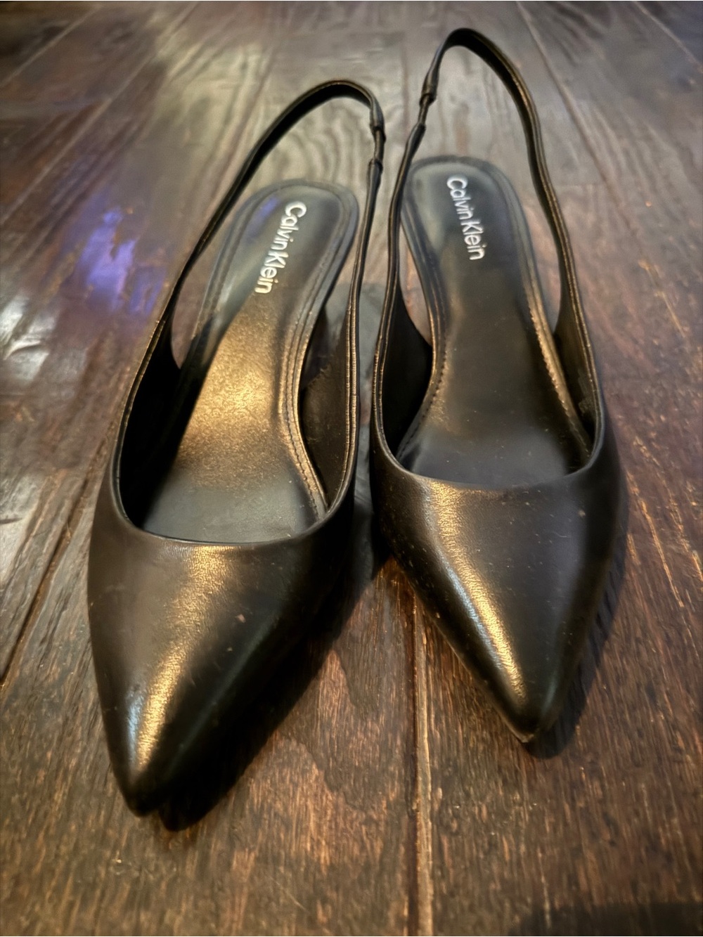 Calvin Klein Dainty Black Pointed Leather Slingback Kitten Heels